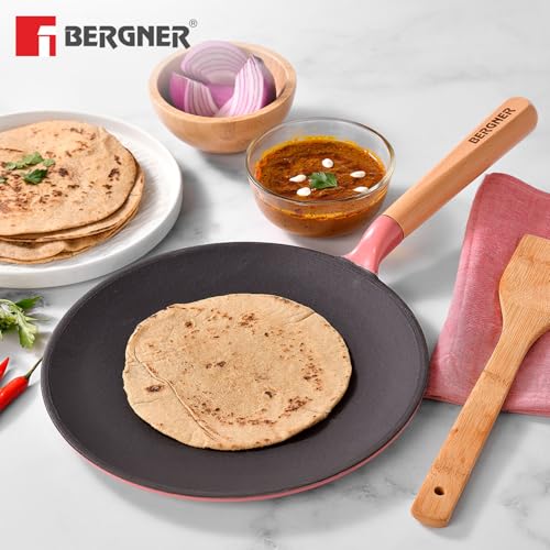 Image of BERGNER Excalibur Lightweight Cast Iron Roti Tawa 26cm, Sturdy Wooden Handle, Non-Stick Coating, PFAS Free, Perfect Heat Distribution, Elegant Design - Induction and Gas Stove Ready (Pink)