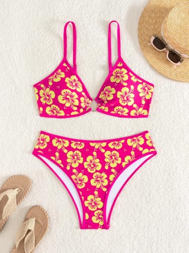 Image of Fanuerg Women's Triangle Bikini Sets O Ring Linked Two Piece Swimsuits Floral Printed Cheeky Bathing Suit