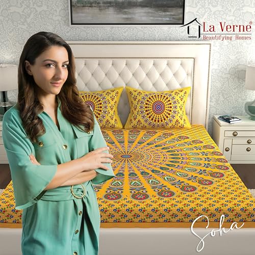 Image of La Verne Combo Pack of 2 Double Bedsheet with 4 Pillow Covers | Cotton Double Flat 104 TC Jaipuri Prints Bedsheet 240 X 220 CM (Blue, Yellow)