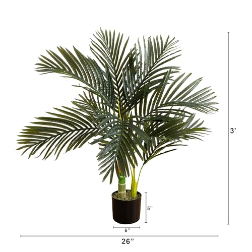 Image of Nearly Natural 3ft Golden Cane Palm Tree - Artificial Tropical Tree with Realistic Green Fronds and Bamboo-Like Trunk, Includes Nursery Planter for Indoor Decor