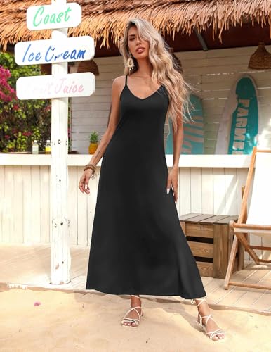 Image of Zeagoo Womens Summer Casual Dress Spaghetti Strap Long Dresses for Women Flowy Maxi Dress Loose Black Sundress, A-Black,XXL
