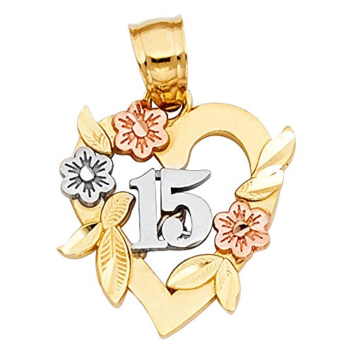 14K Tri Color Gold 15 Years Quinceanera Years Heart Charm Pendant with 0.8mm Box Chain Necklace2