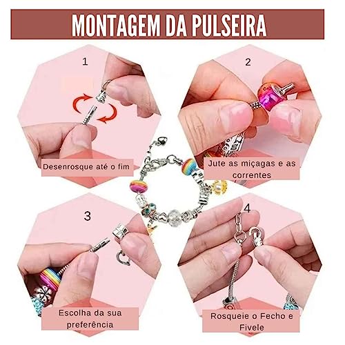 Kit Pulseiras E Bijuterias Infantil Para Montar Com 67pçs Estojo E Sacolinha Para Presente Linda E S