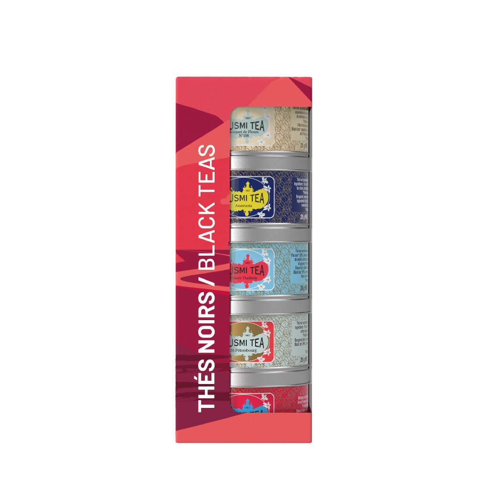 Kusmi Tea - Surtido de Té Negro para Regalo - 100% Orgánico - Pack de Regalo para Mujer o Hombre -​Earl Grey - Selección de 5 Sabores Icónicos - Hojas Sueltas - 5 Latas de 25 g