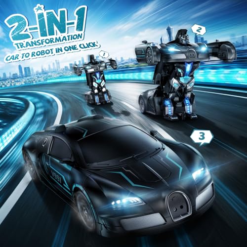 Image of Veeniix V991 1:10 Large Transform Remote Control Car, 2-in-1 RC Robot Toy Car with One-Button Deformation, Gesture Sensing, Cool Birthday Gift for Boys Girls Ages 4-12, 2 Batteries for 70 Mins, Black