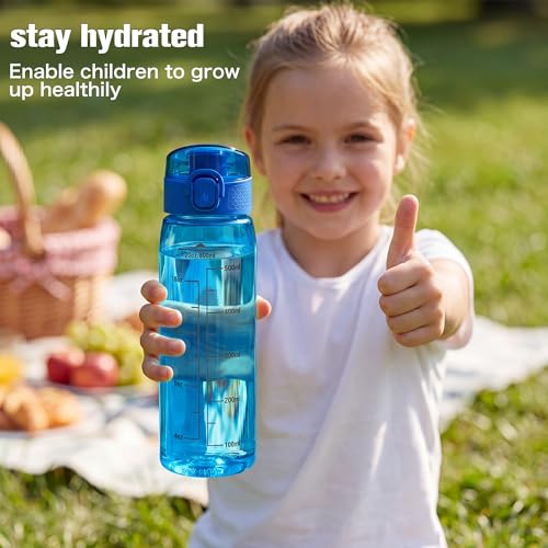 Image of GOPPUS 20oz Kids Water Bottle with Time Marker & Handle, Tritan BPA-Free, Reusable Leakproof Anti-Dust Everyday,Clear Kids Water Bottles For School,Car Travel, Gifts Boys Girls(Blue)
