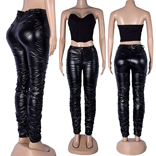 Zebaexf Women\'s Stretchy Faux Leather Leggings Pants,High Waist Stacked Pants for Women Black XXXL