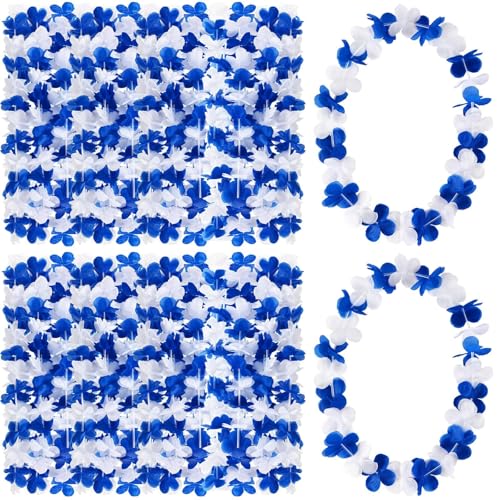 JUNEBRUSHS 24 Pack Graduation Leis 2026 Blue and White Hawaiian Luau Flower Leis Graduation Flower Necklace Hawaiian Bulk for Party Supplies Gift Accessories for Women Men