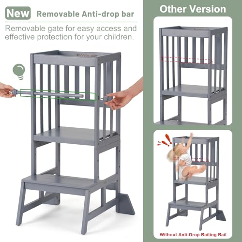 Image of COSYLAND Toddler Standing Tower - Adjustable Height Toddler Kitchen Stool Helper - Kids Kitchen Step Stool for Learning with Removable Safety Railing Ash Gray