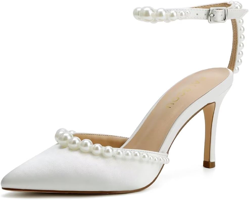 High Heel Wedding Shoes for Bride Pointed Toe Bridal Shoes Pearl Heels Ankle Strap Wedding Pumps