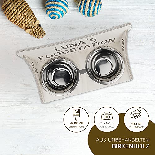 Futterbar für Hunde und Katzen – Personalisierbar – aus Holz – Schwarz, Grau, Natur – Groß und Klein – Futternapf aus Metall (Klein, Grau)