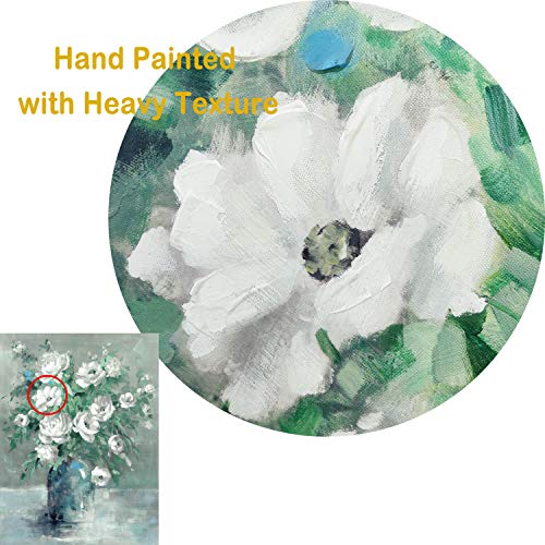 Utop-Art Floral Canvas Wall Art Painting: White Rose Flower With Green Leaves Hand-Painted Texture Picture Artwork For Bathroom (18'' X 24'' X 1 Panel) #TOP1