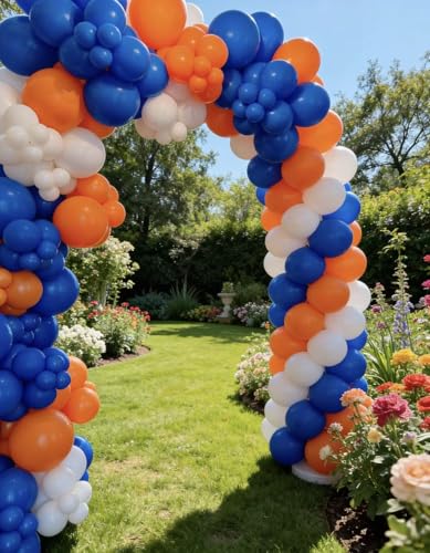 Image of Blue and Orange White Balloon Arch Kit, 145Pcs Royal Blue Orange WhiteBalloon Garland kit, Different Size Balloons for Girl Birthday Anniversary Baby Shower Graduation Prom Party Decorations