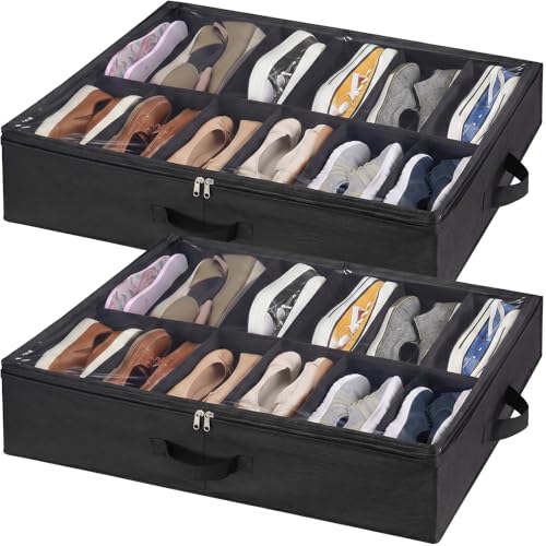 Lifewit Under Bed Shoe Storage Organizer Set of 2, 4.3 Inches Tall Low Profile Fabric Shoes Container Box with Clear Cover, Foldable Storage Bag with 2 Handles, Total Fits 24 Pairs of Shoes, Black