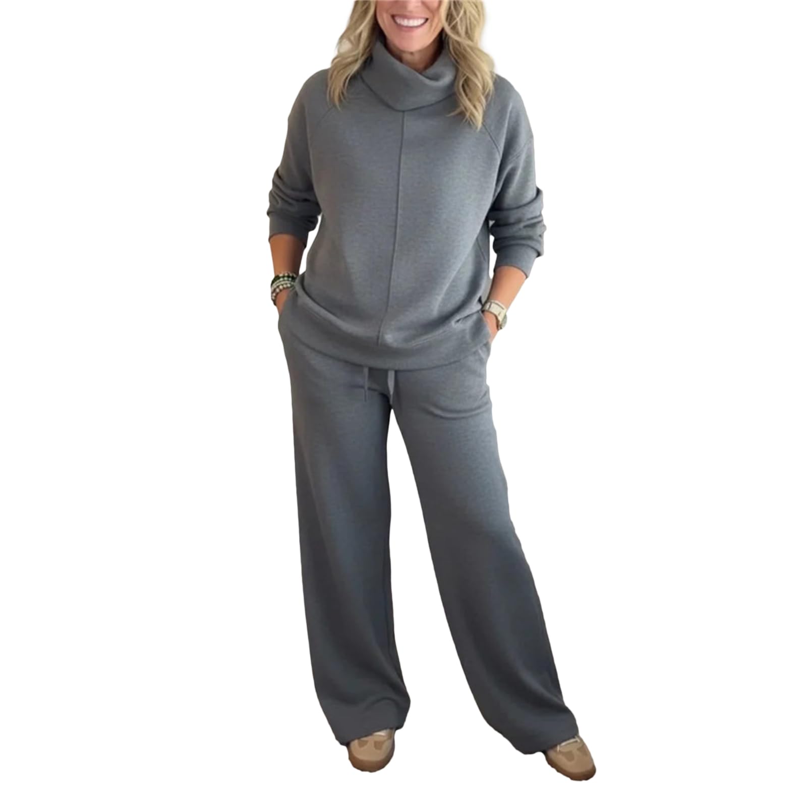Conjunto deportivo de 2 piezas para mujer, conjunto de sudadera de cuello alto de gran tamaño, conjunto de pantalones de pierna ancha, ropa de descanso, viajes, ropa de descanso