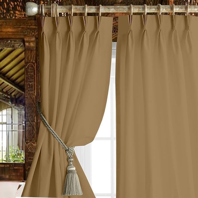 Image of Triple Pinch Pleated Blackout Curtains Thermal Insulated Room Darkening Curtains for Bedroom /Livingroom Pack of 2 Panels, Tiebacks, Hooks (Barley Corn)