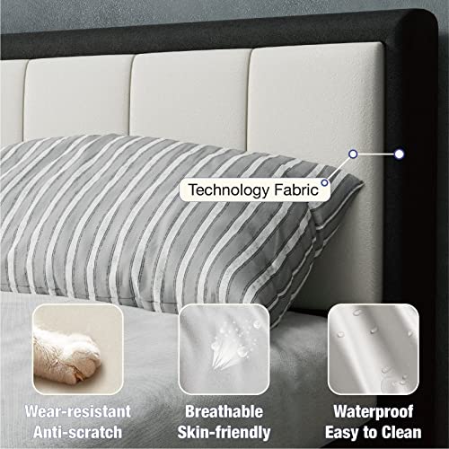 Konprosp Twin Size Bed Frame With Upholstered Headboard, Platform In New Technical Fabric, Mattress Foundation With Wooden Slats Support, Easy Assembly, No Box Spring Needed, Black & White #TOP2