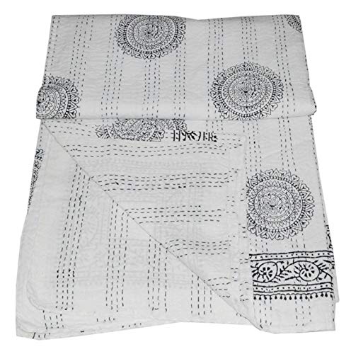 YUVANCRAFTS Hnad Block Floral Print Kantha Quilt Handmade Pure Cotton Kantha Quilt Queen Blanket Bedspreads Throw