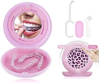 Pink Leopard Retainer Case, Cute Aligner Case with Mirror, Compatible with Invisalign, Slim Mouth Guard Holder Denture Grillz Container, Dental Guard Cases with Vent Holes
