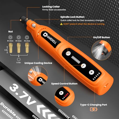 Image of HARDELL Mini Cordless Rotary Tool Kit, 5-Speed and USB Charging with 69 Accessories, Multi-Purpose 4V Power Rotary Tool for Sanding, Polishing, Drilling, Etching, Engraving, DIY Crafts(Light Orange)