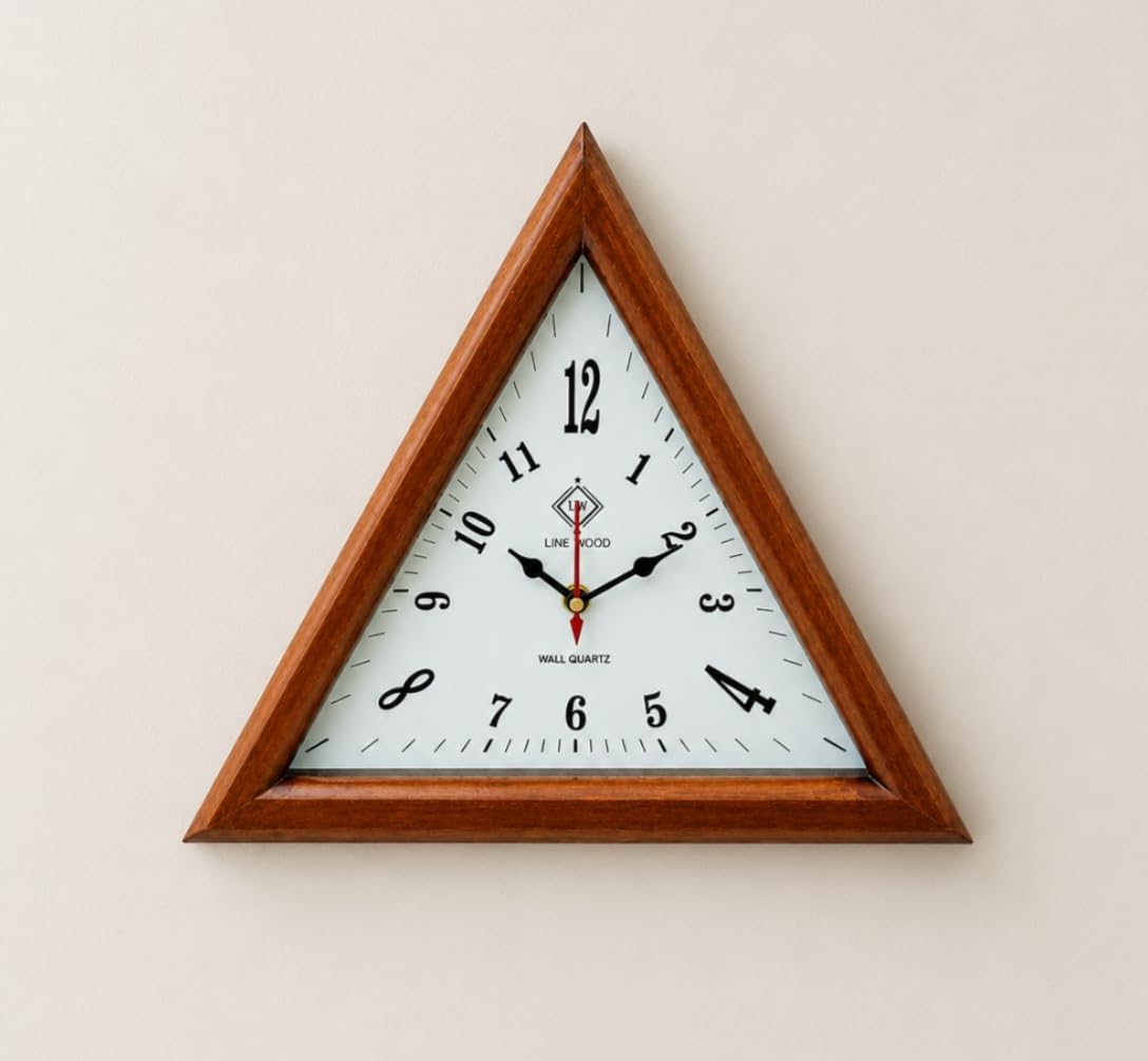 Vintage Triangle Wooden Wall Clock with English Numbers | Antique Decorative Wall Clock for Home, Bedroom, Office, Hall, Living Room & Farmhouse Decor | Stylish White-Brown Finish - 12 Inch-image-18