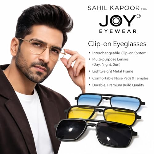 Image of Premium Tinted Eyeglasses with Magnetic Clip-On Sunglasses, 4-in-1, Matte Black Frame, Black Yellow Blue Lenses