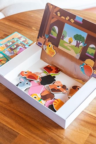 Goula - Magnetische Farm - Kinderspielzeug - Frühkindliche Entwicklung - Bildungs-Spiel - Bauernhoftiere - 12 magnetische Holztiere in 1, 2 oder 3 Teilen - 10 Vorlagenkarten - Ab 2 Jahren
