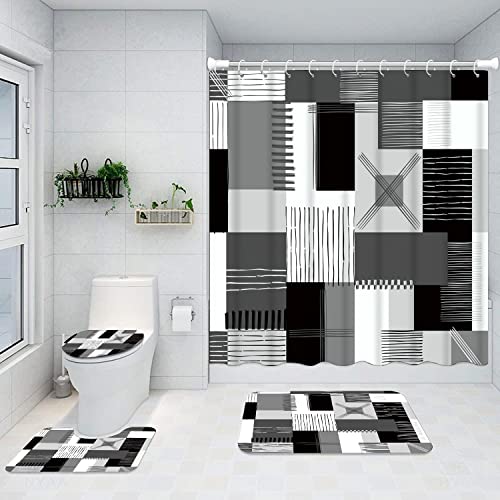 All Smiles Black Shower Curtain Sets with Non-Slip Rugs,Toilet Lid