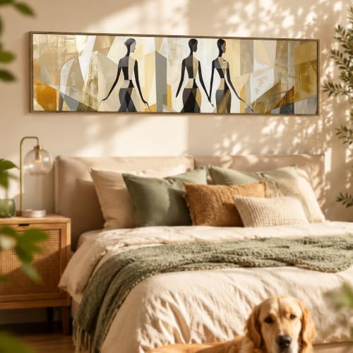 Image of Large Canvas Painting Panel Framed Wall Painting Minimalis African Woman Framed Luxury Paintings for Home Decoration, Living room, Bedroom and Office Decor - Beige, 13x47 Inch