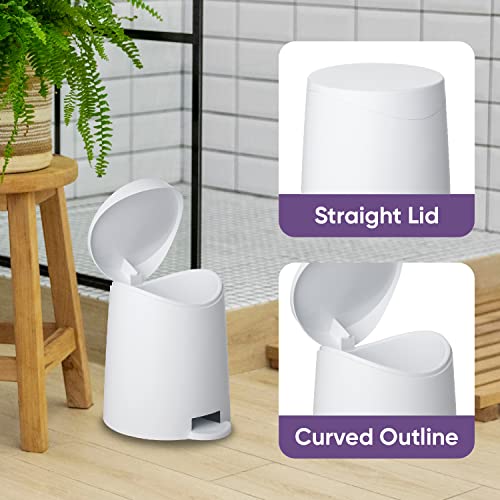 Image of Superio Mini Bathroom Trash Can with Lid 3 Liter, Plastic Waste Bin 0.75 Gallon, Modern Flat Lid Step On Trash Can with Foot Pedal, for Bathroom, Bedroom, Office, Under Desk, Soft Close (2, White)