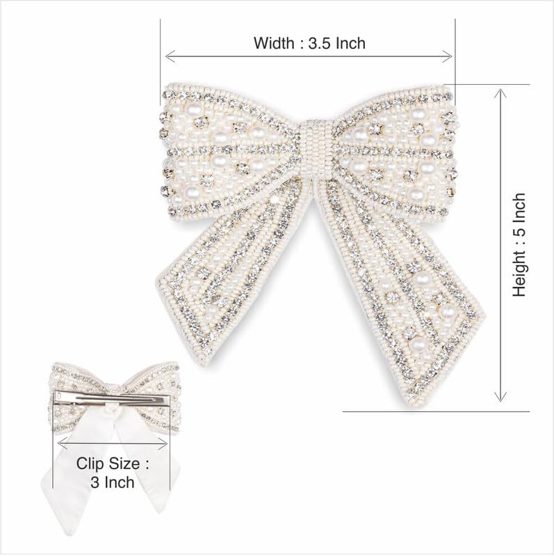 Hair Drama Co. Pearl Hair Bow With Barrette Clip | Embellished Crystal Hair Bow - Off White | Long Tail Hair Ribbon Slides With Metal Barrette Clips | Handmade French Hair Accessories