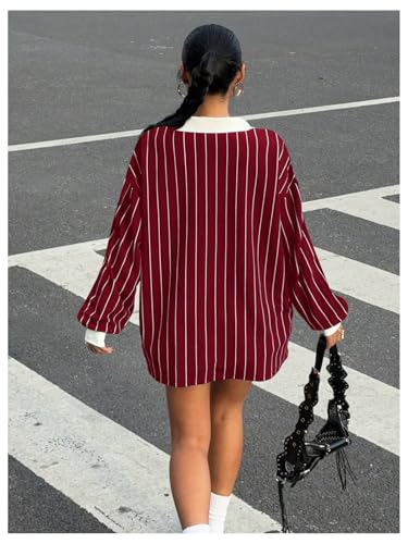 SOLY HUX Women's Oversized Tees Striped Letter Print Y2k Jersey T Shirt Collar V Neck Long Sleeve Loose Tops2