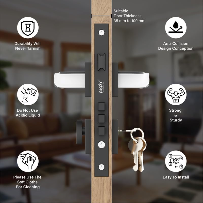 Image of GLOXY Zinc Door Lock for Main Door for Bedroom, Mortise Set, Door Lock Handle Set with 3 Brass Key for Home,Office,Hotel | White & Black Finish (2 Years Warranty, Pack of 1)