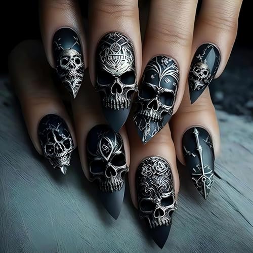 Halloween Press on Nails Medium Stiletto Skull Fake Nails Full Co...
