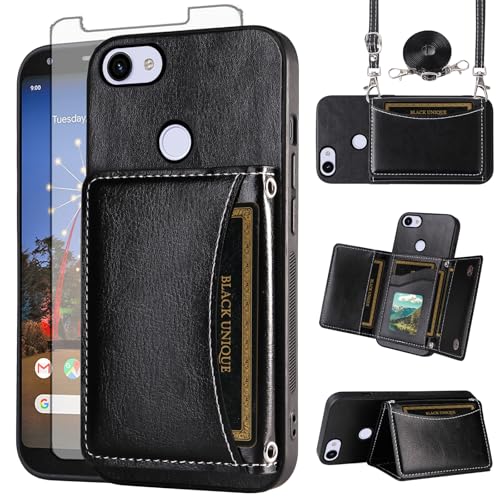 Asuwish Phone Case for Google Pixel 3a XL Wallet Cover with Tempered Glass Screen Protector Credit Card Holder Slot Crossbody Strap Cell Accessories Pixel3aXL Pixle 3aXL A3 Pixel3a LX Women Men Black