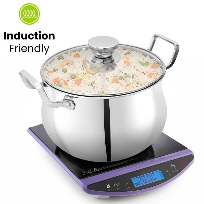 Image of Allo Triply Stainless Steel Casserole /Biryani Handi Pot | Perfect Saucepot Saute Induction Friendly Naturally Non-Stick | 10 Years Warranty, 16cm, 2.6 litres with Glass Lid