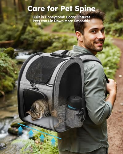Pecute Haustier Rucksack mit Netzfenster, Tragbare und Faltbare Katzentasche, Atmungsaktive und Leichte Hundetasche, Wasserdichtes Oxford-Tuch mit viel Platz, Multifunktionales Rutschfestes Grau 6kg