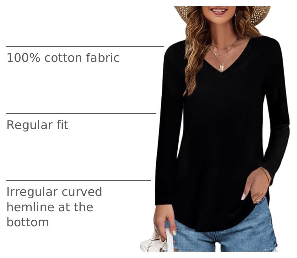 Image of Elesomo Womens T Shirts V Neck Summer Short /Long Sleeve Cotton Tops