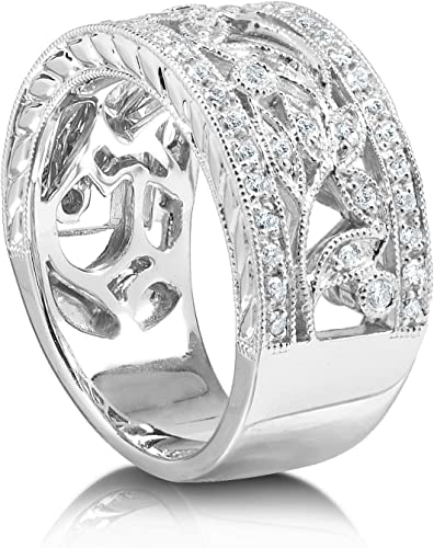 Vintage 1.2 Ct Round Cut White Signity Diamond Half Eternity Fashion Floral Milgrain Design Wedding Band Ring for Women, 925 Sterling Silver 14K White Gold Finish2