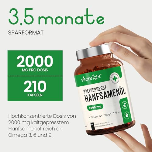 Hanföl Kapseln 2000 mg | Omega 3 6 9 Vegan | 210 Softgels | Kaltgepresstes Hanfsamenöl | 105 Portionen | Pflanzliche Omega-Alternative | VitaBright
