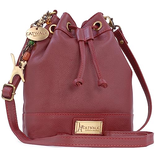 Catwalk Collection Handbags - Petit Sac Bandoulière Femme Cuir - Cordon de Serrage Seau Sac á Main - Bandoulière Réglable - ROCHELLE - Rouge