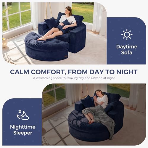 Image of MAXYOYO Modular Sectional Chaise, Round Upholstered Lounge Chair with Ottoman, Comfy Couch with Layered Cushion, Tufted Sleeper Chair for Living Room