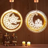 Dazzle Bright 2 Pack Eid Ramadan Decorations Window Lights, 8 Inch Battery Operated 3D Moon and Star Hanging Lights, Islamic Muslim Style Decoration for Outdoor Indoor Bedroom Party Decor
