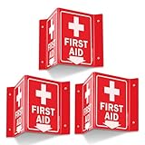 Faittoo First Aid Sign, 3 Pack First Aid with Cross Symbol - 6 x 8 Inches V-Shaped Acrylic Plastic, 4 Pre-Drilled Holes, Includes Matching Screws, Use for Home Office/Business