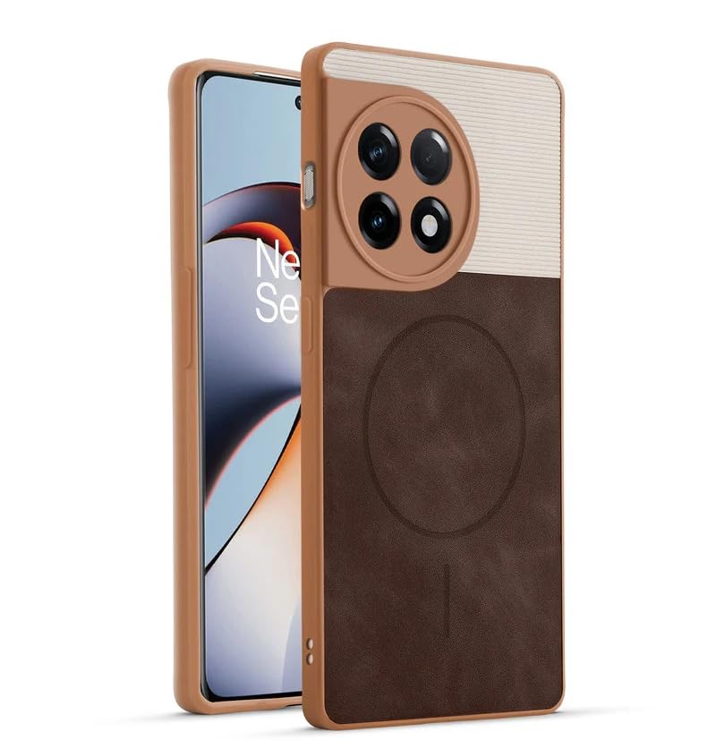 Image of Bintage CASE Dual-Leather Mac Safe Design Phone Case| Soft Touch Finish | Full Camera Protectection Back Cover Compatible for OnePlus CPH2487 / 1+ 11R 5G - White & Choco Brown