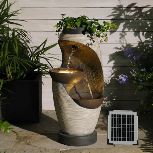 Bumilgar 71cm Solar Garden Water Feature with LED Lights, 2-Tier Bowl-Shaped Resin Solar-powered Outdoor Waterfall Fountain for Yard, Balcony, Patio, Home Decor(White)