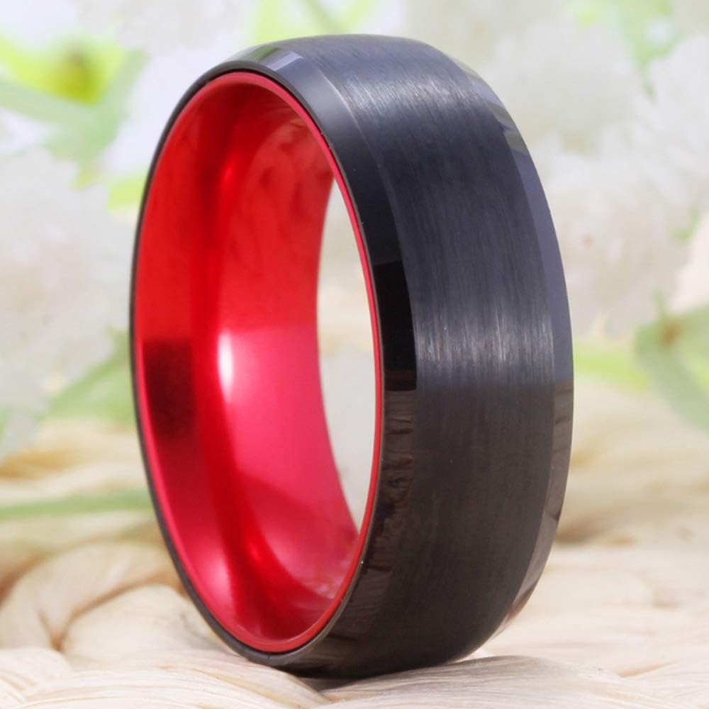 CLOUD DANCER 8mm Red Black Tungsten Ring Matte Finish Beveled Edges Wedding Band Ring-Free Engraving Outside and Inside