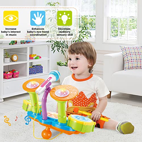 deAO Beginners Musical Table Top Drum Kit Play Set with Drum Sticks, Microphone, Light Features, Interactive Music and Sounds for Babies Kids and Toddlers - Image 3