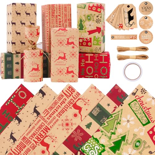 Zindoo Papel de presente de Natal 6 folhas 70 x 50 cm com etiqueta, corda de juta - Kraft colorido resistente reciclado para decoração natalícia