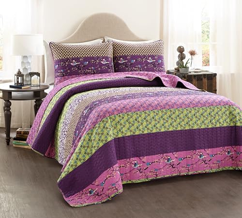 Image of Lush Decor Royal Empire Reversible Cotton Quilt Set, 3 Piece Set King, Plum - Striped Bedding Set - Floral Quilt King Size - Purple Bedding - Boho Decor